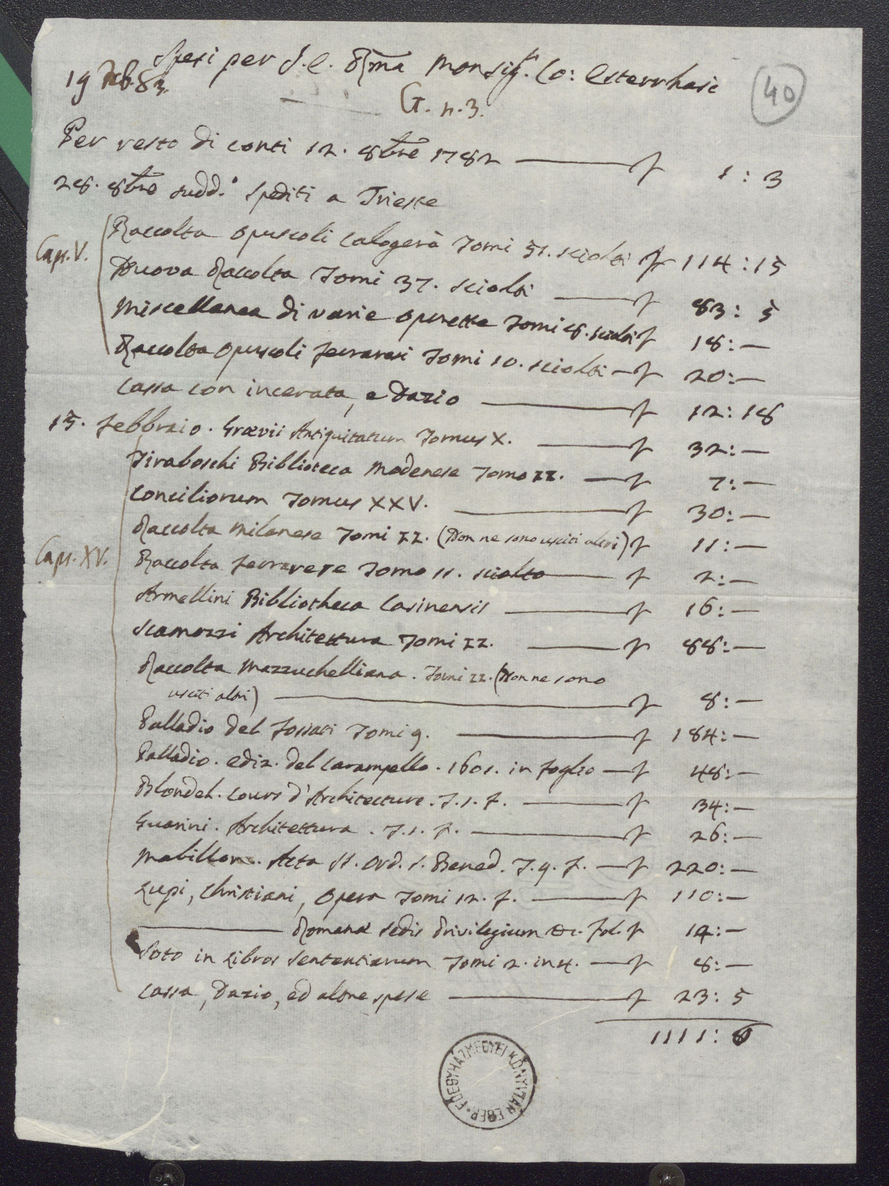 Rómában 1783. február 19-én vett könyvek jegyzéke