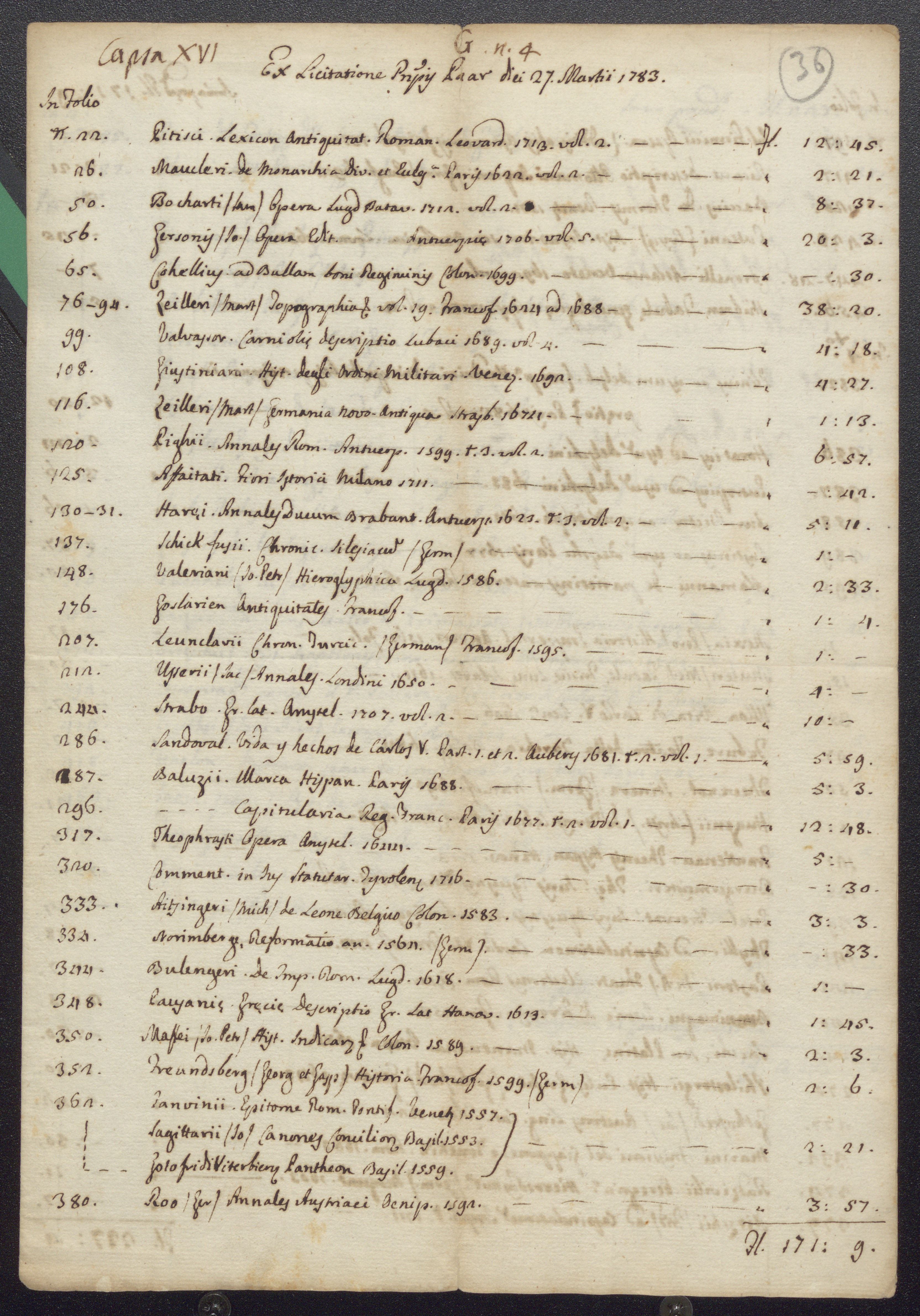 Wenzel Johann Josef von Paar herceg könyvtárának 1783. március 27-én Bécsben tartott licitálásán beszerzett könyvek listája