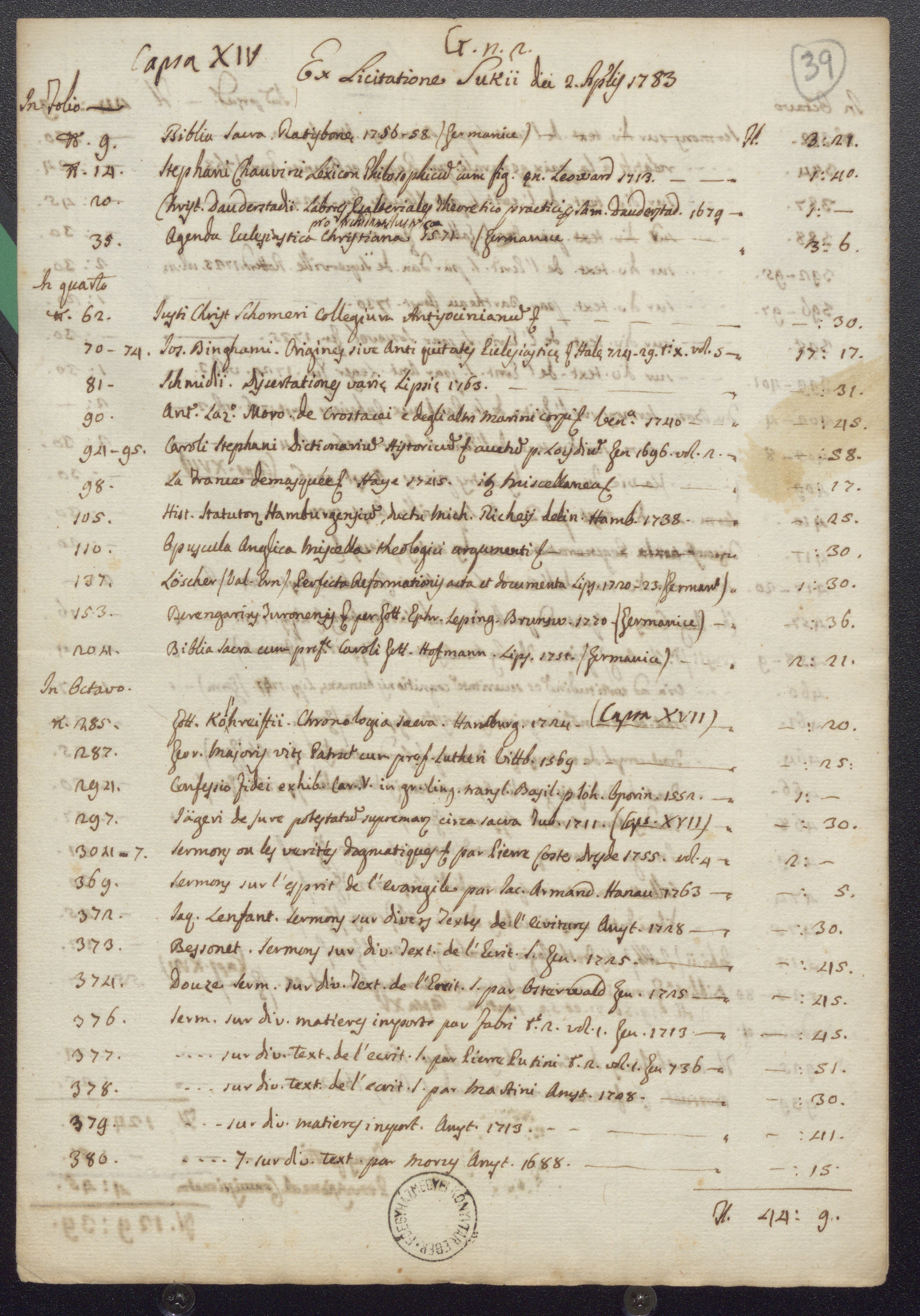 Christoph Gerhard Suke könyveinek 1783. április 3-i bécsi/lipcsei? kiárusításán beszerzett könyvek jegyzéke