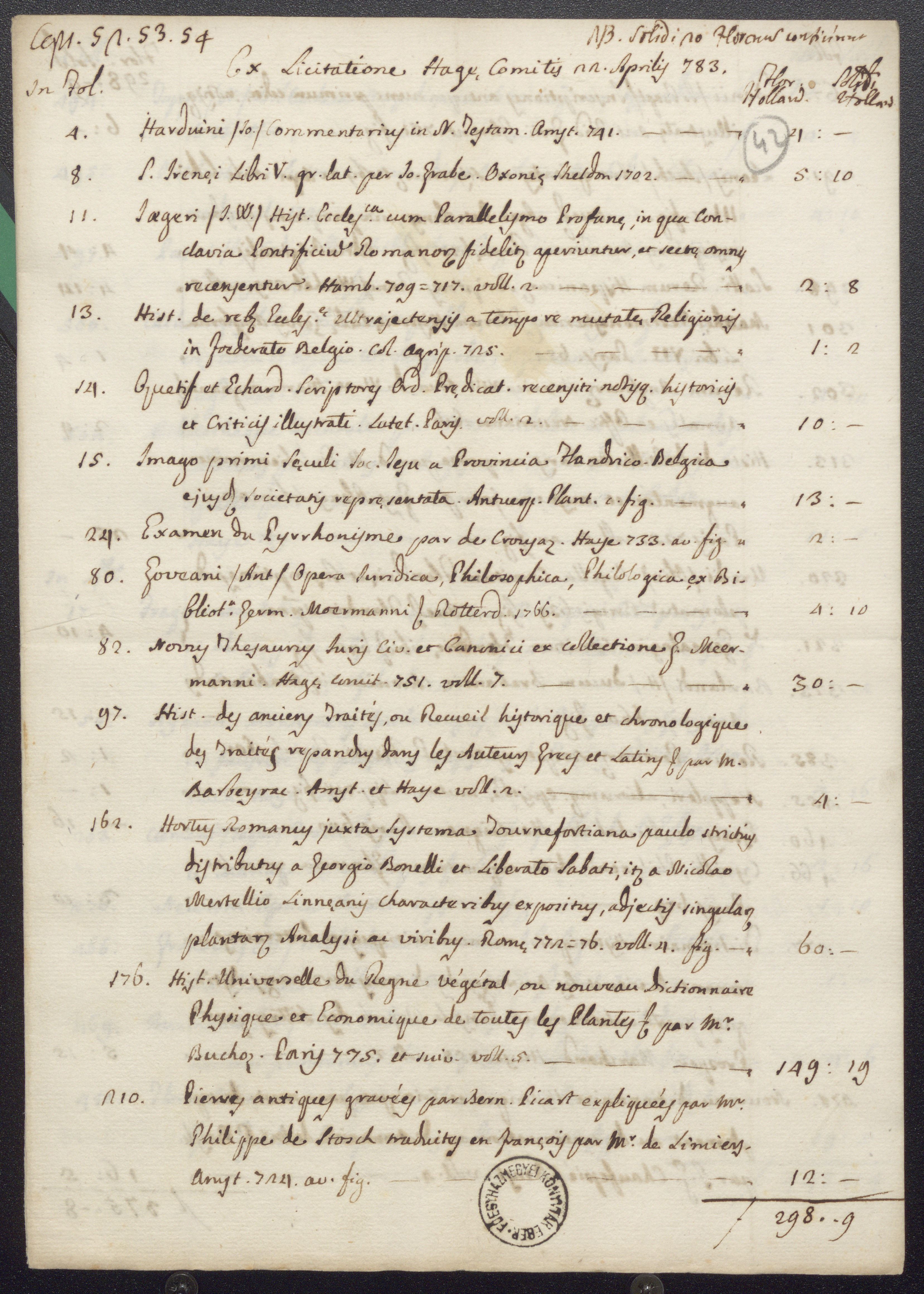 Hágában 1783. április 22-én vásárolt könyvek jegyzéke