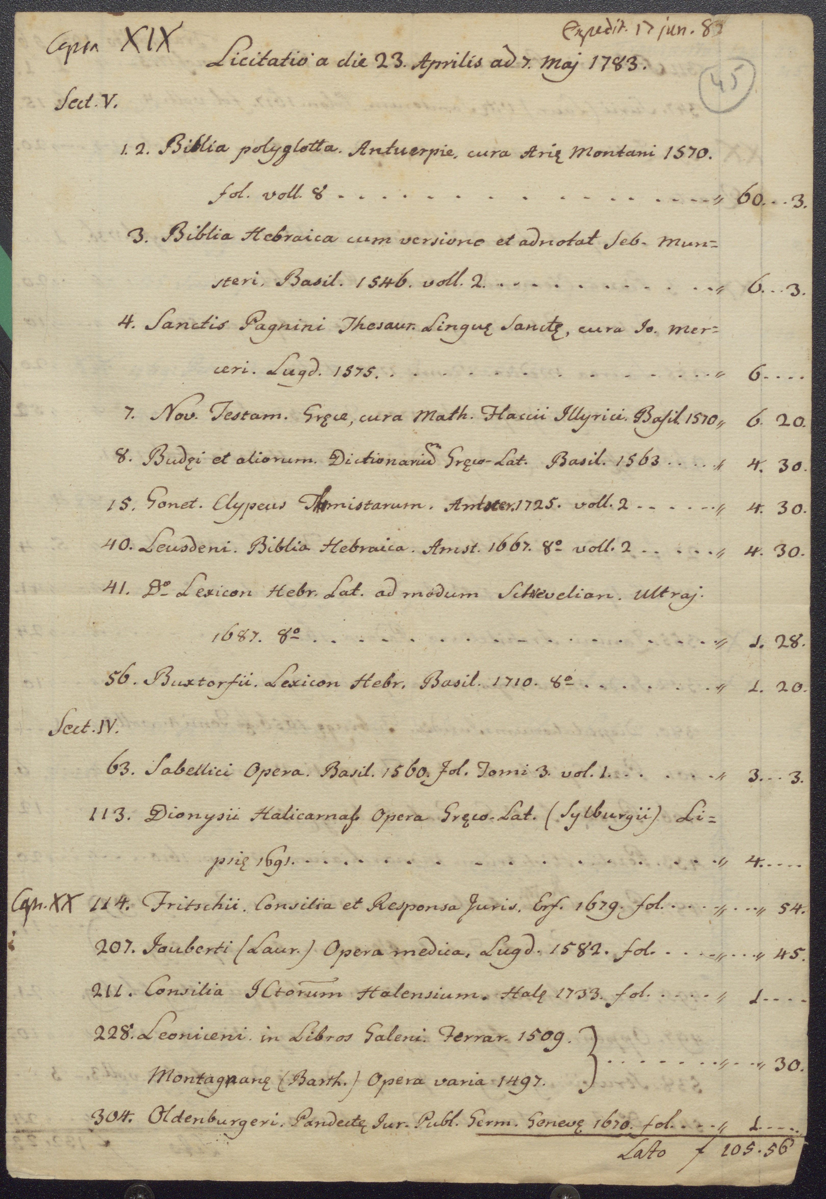 Bécsben, 1783. április 23. és május 7. között tartott licitációkon beszerzett könyvek jegyzéke