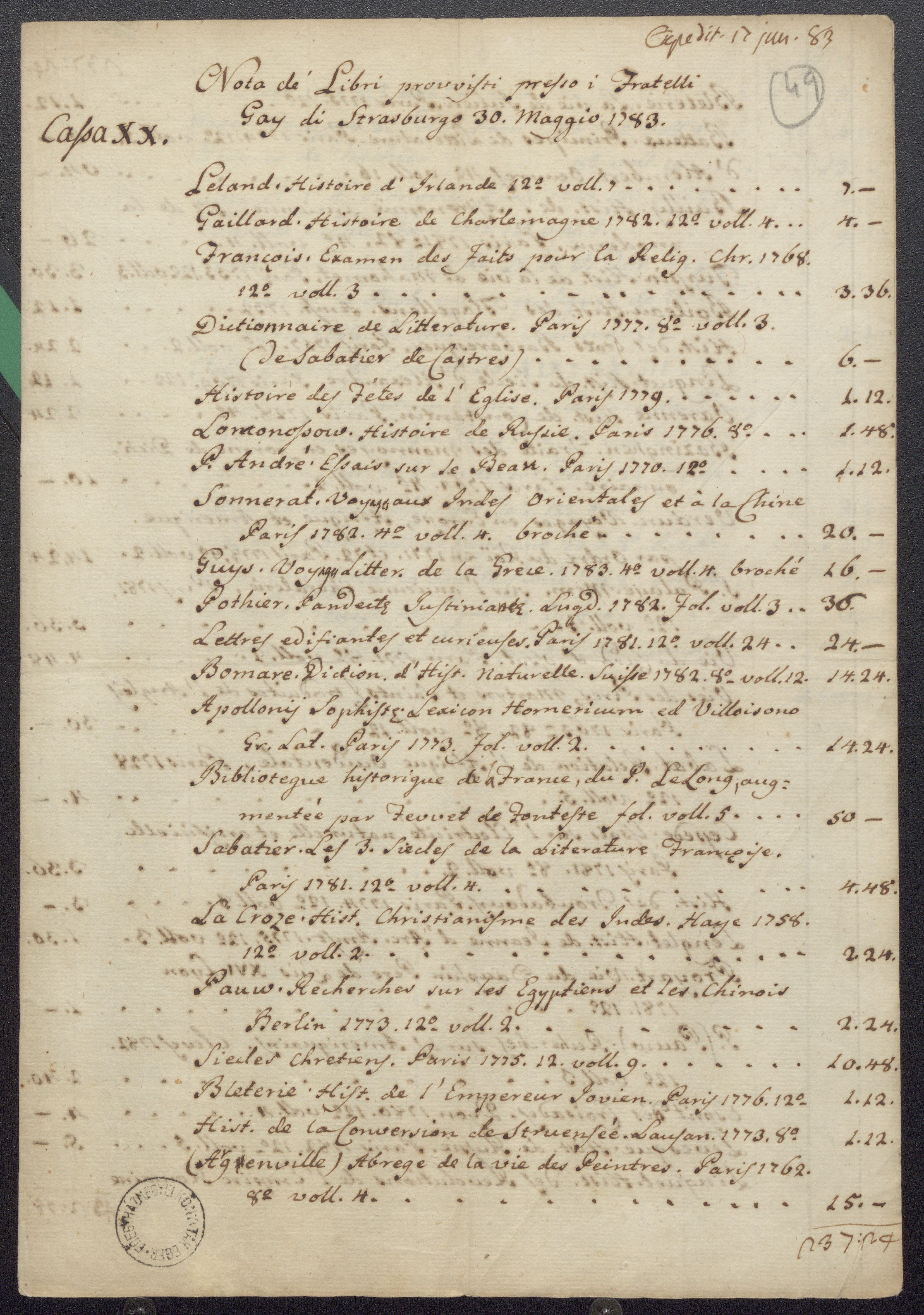 A strassburgi Gay könyvkereskedőktől 1783. május 30-án vásárolt könyvek jegyzéke