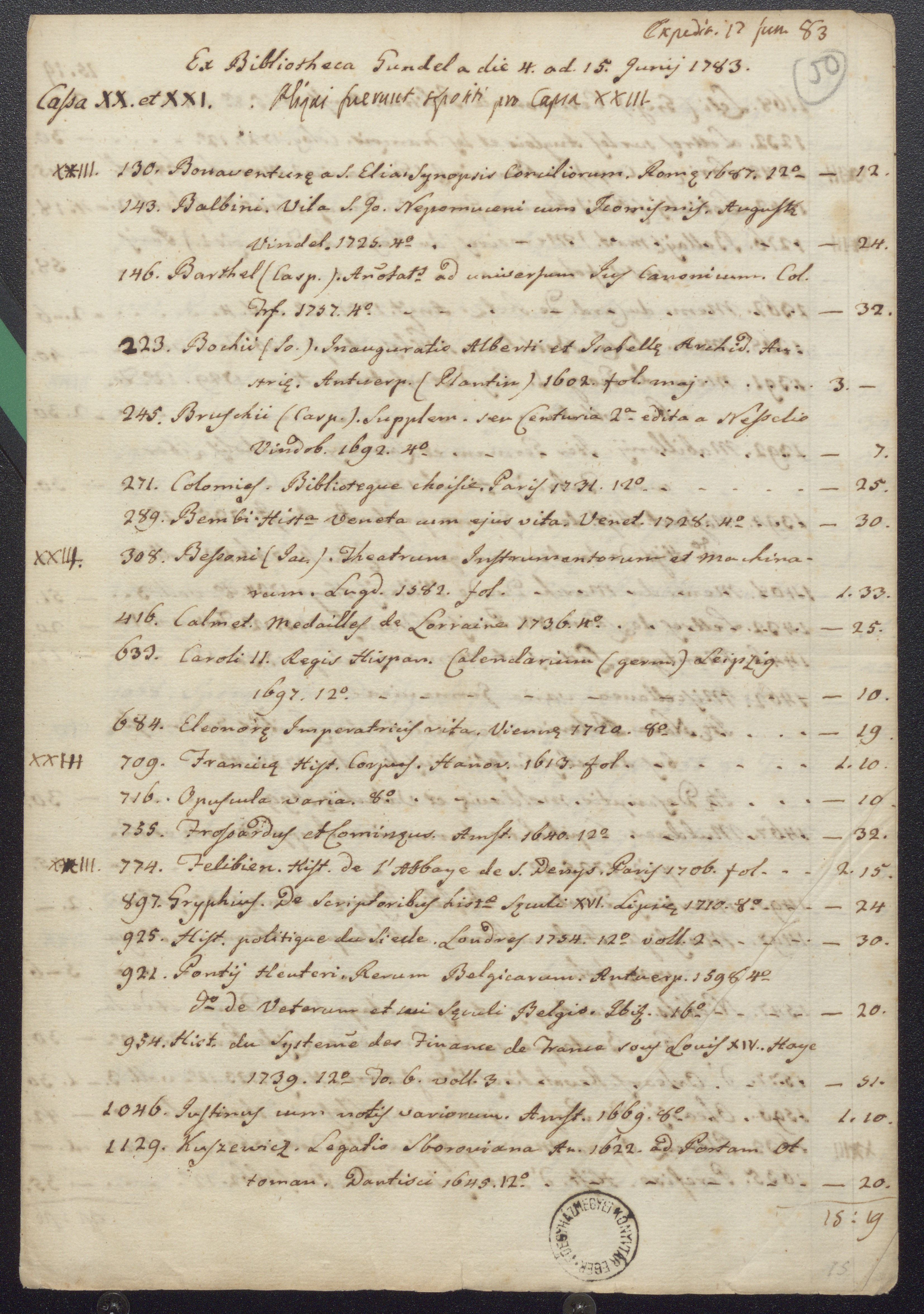 Paul Anton von Gundel könyvtárának 1783. június 4. és 15. között Lipcsében tartott aukcióján vett könyvek katalógusa