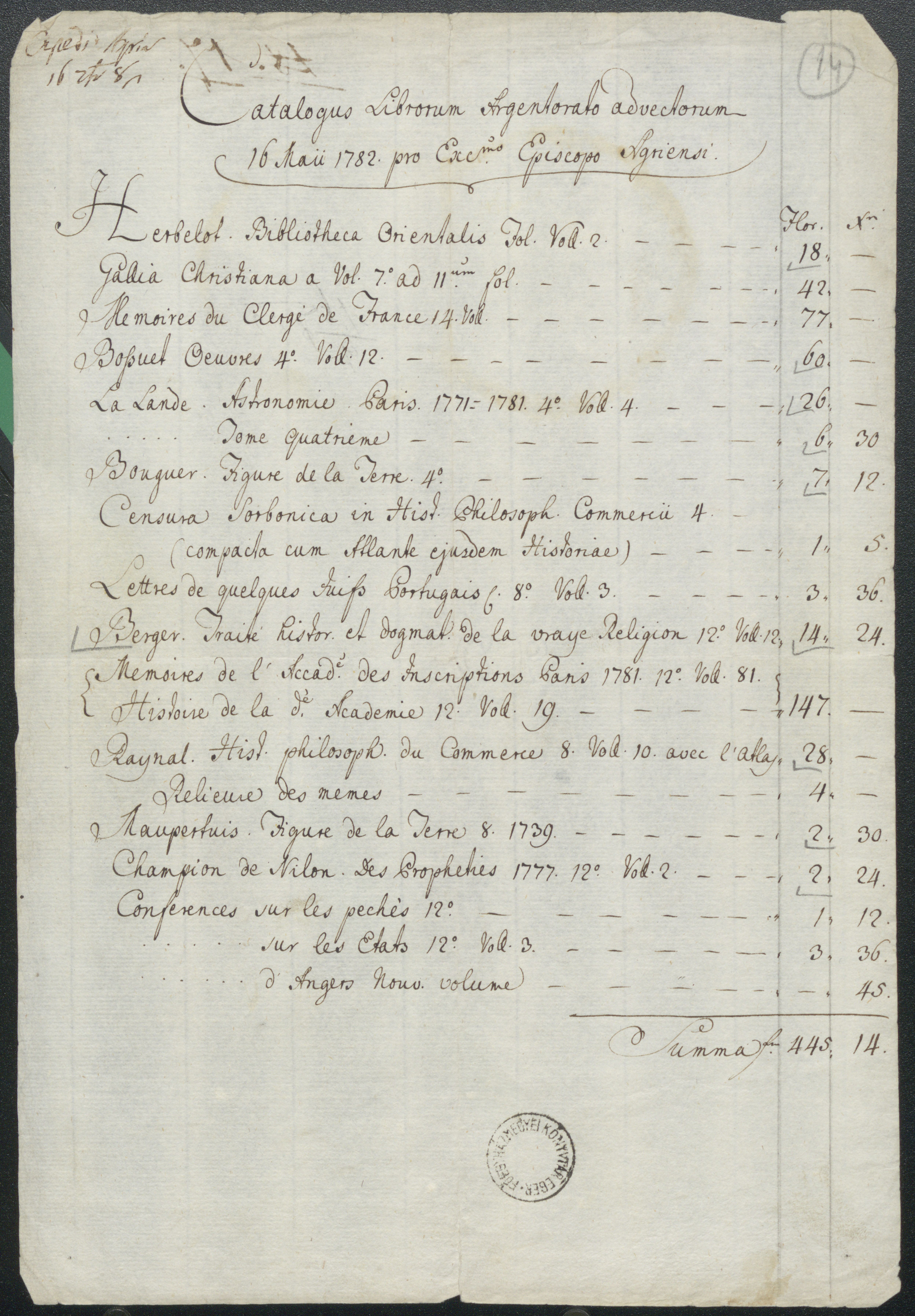A Strassburgból, a Gay testvérektől 1782. május 16-án beszerzett könyvek jegyzéke