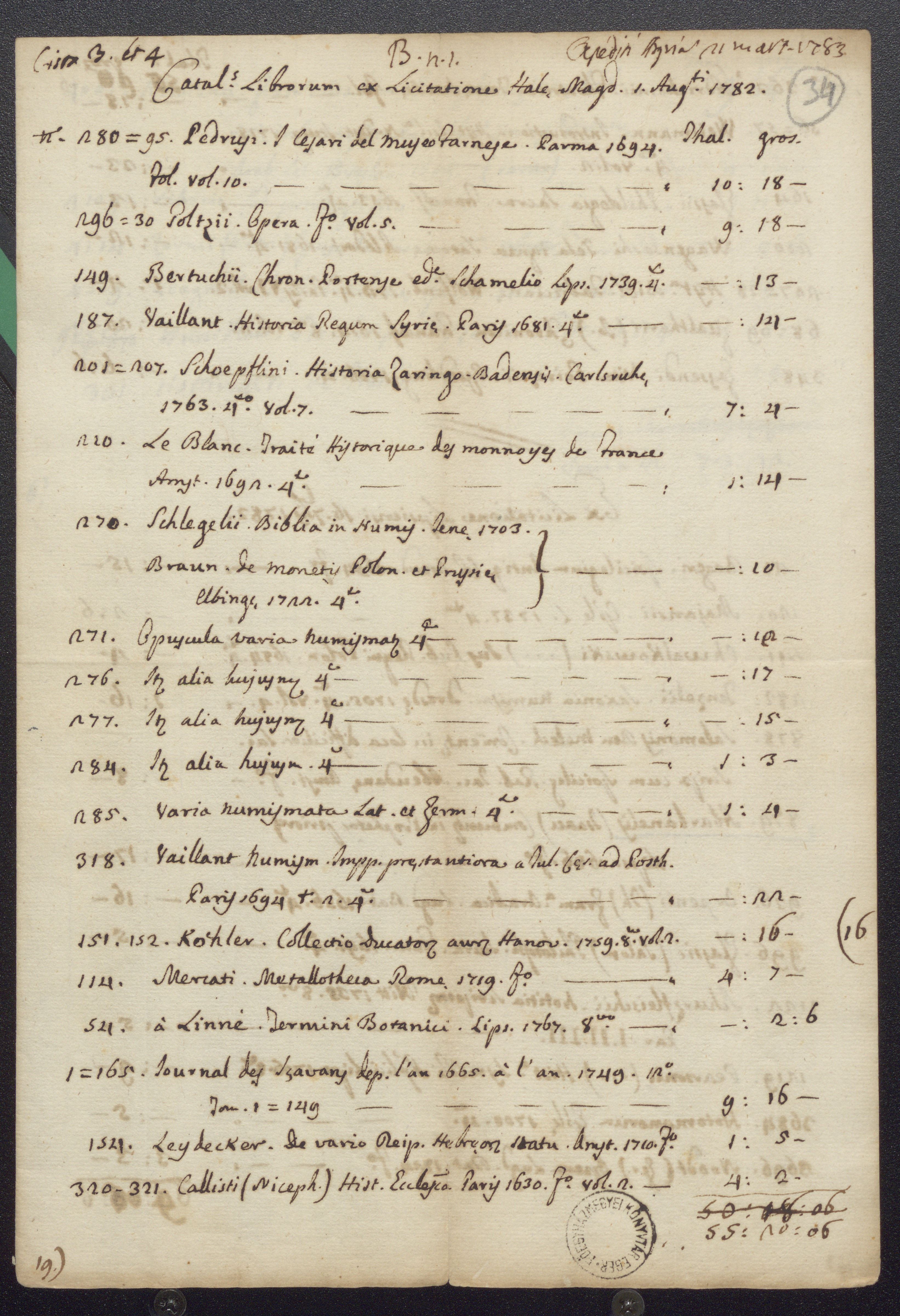 A Halléban és Magdeburgban 1782. augusztus 1-jén, valamint Lipcsében 1782. szeptember 16-án tartott könyvaukciókon vásárolt könyvek listája
