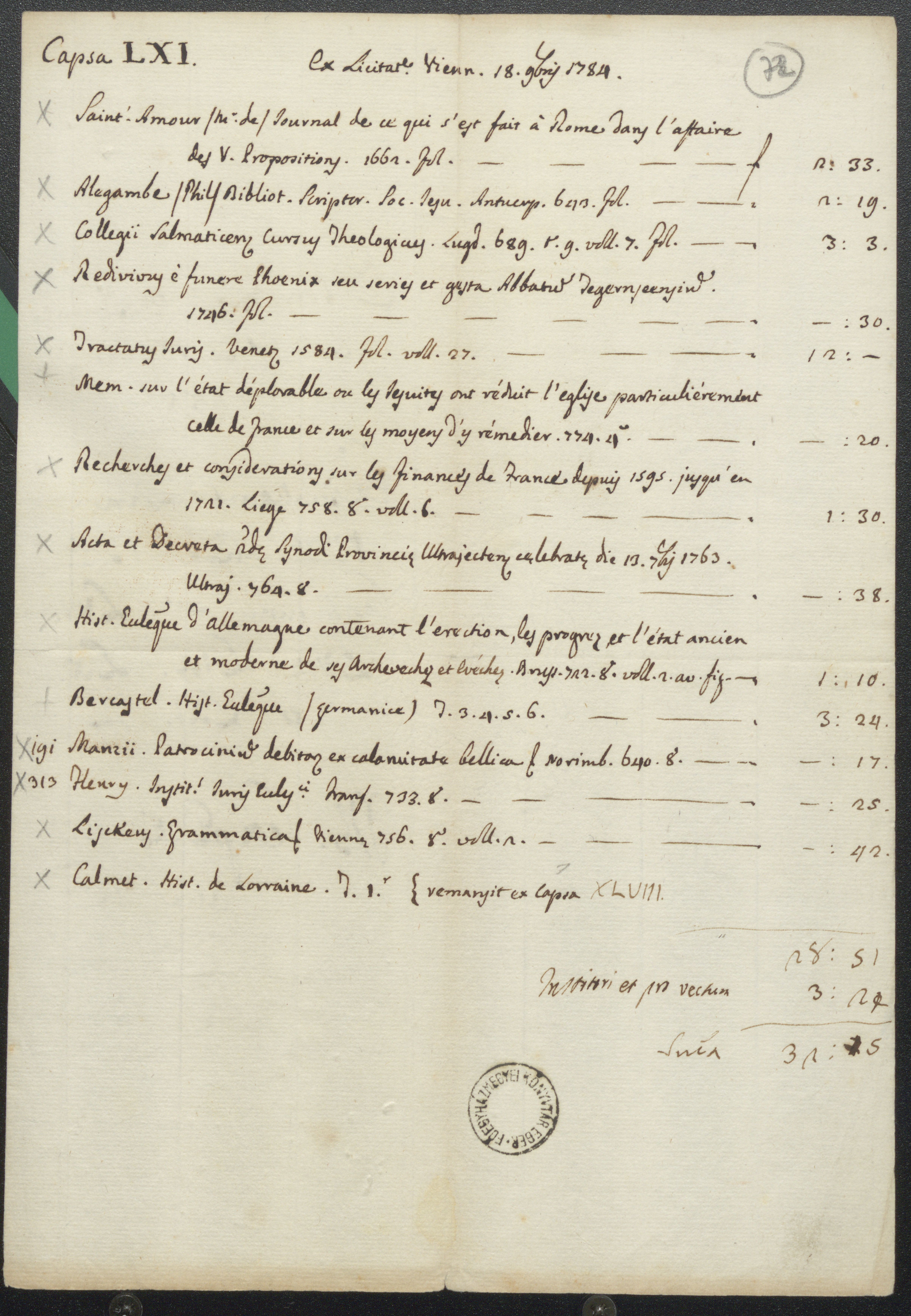 A Bécsben 1784. november 18-án tartott könyvaukción vásárolt könyvek jegyzéke