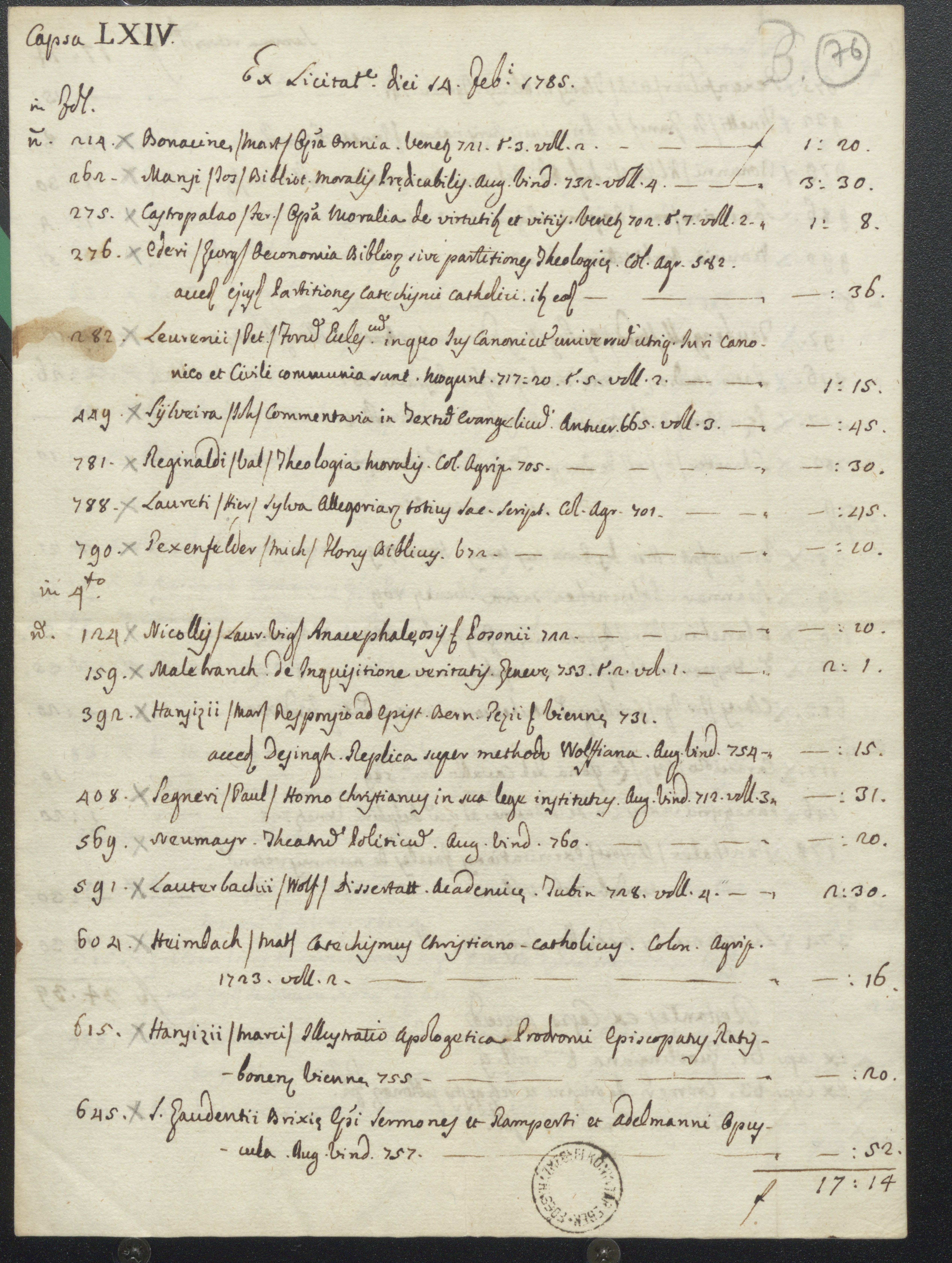 A Bécsben 1785. február 14-én, február 21-én, március 7-én tartott könyvaukciókon és más könyvlicitációkon vett könyvek listája