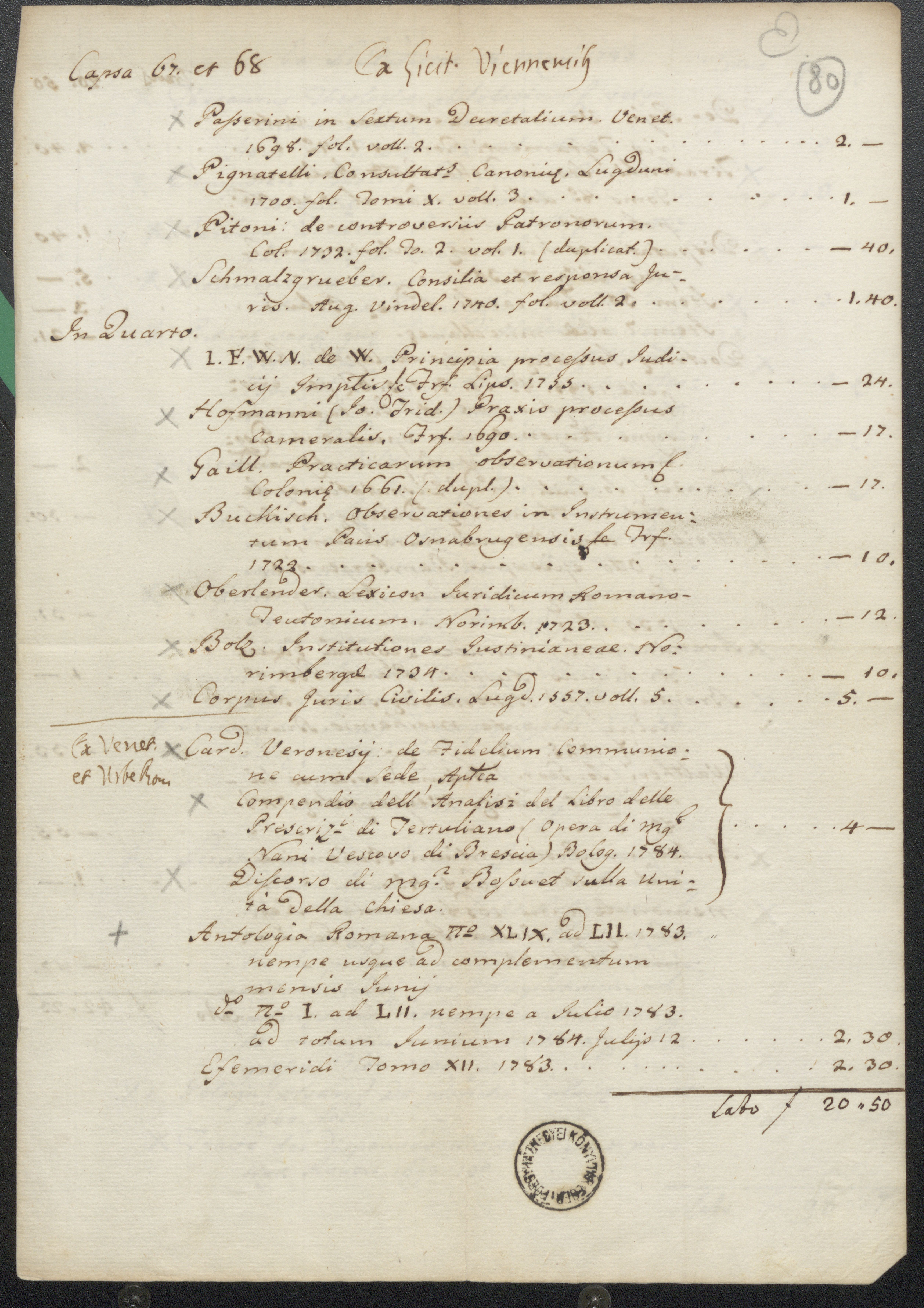 Bécsben 1785. május 18-án és 23-án tartott könyvaukciókon beszerzett könyvek jegyzéke