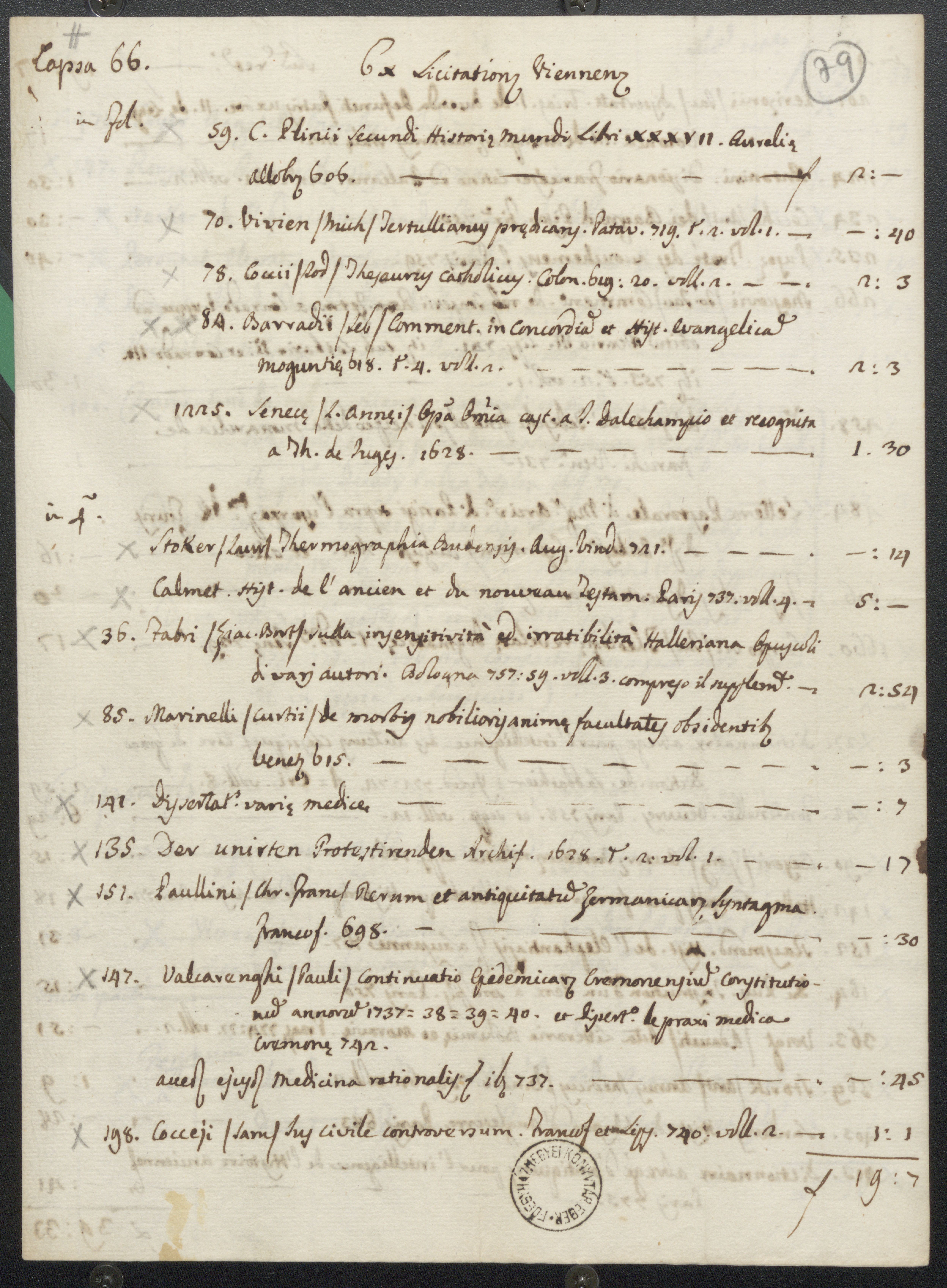 Bécsben 1785. júniusában-júliusában tartott könyvaukciókon vásárolt könyvek jegyzéke