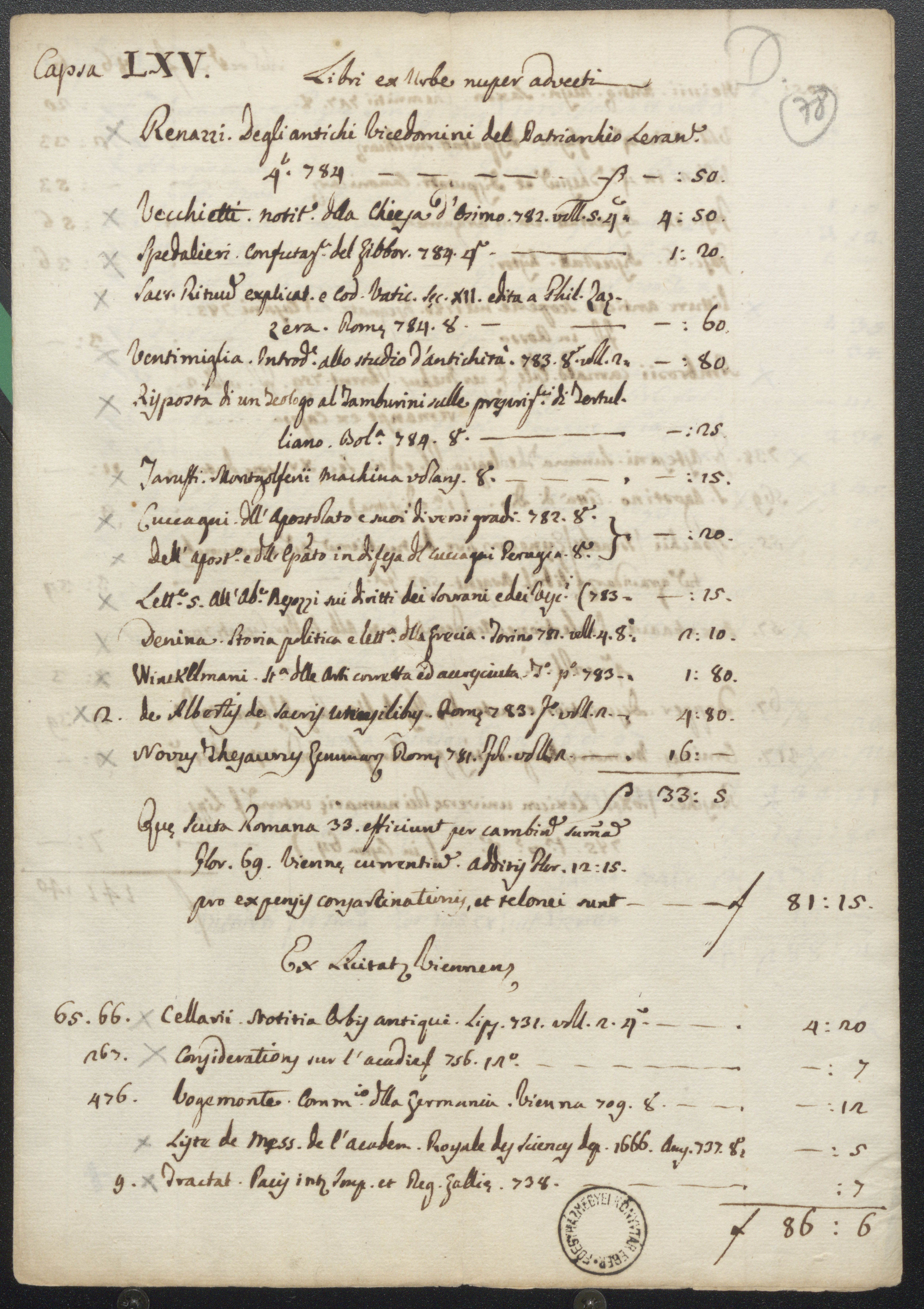 Rómában vásárolt és Bécsben 1785. júniusában-júliusában tartott könyvaukciókon beszerzett könyvek jegyzéke