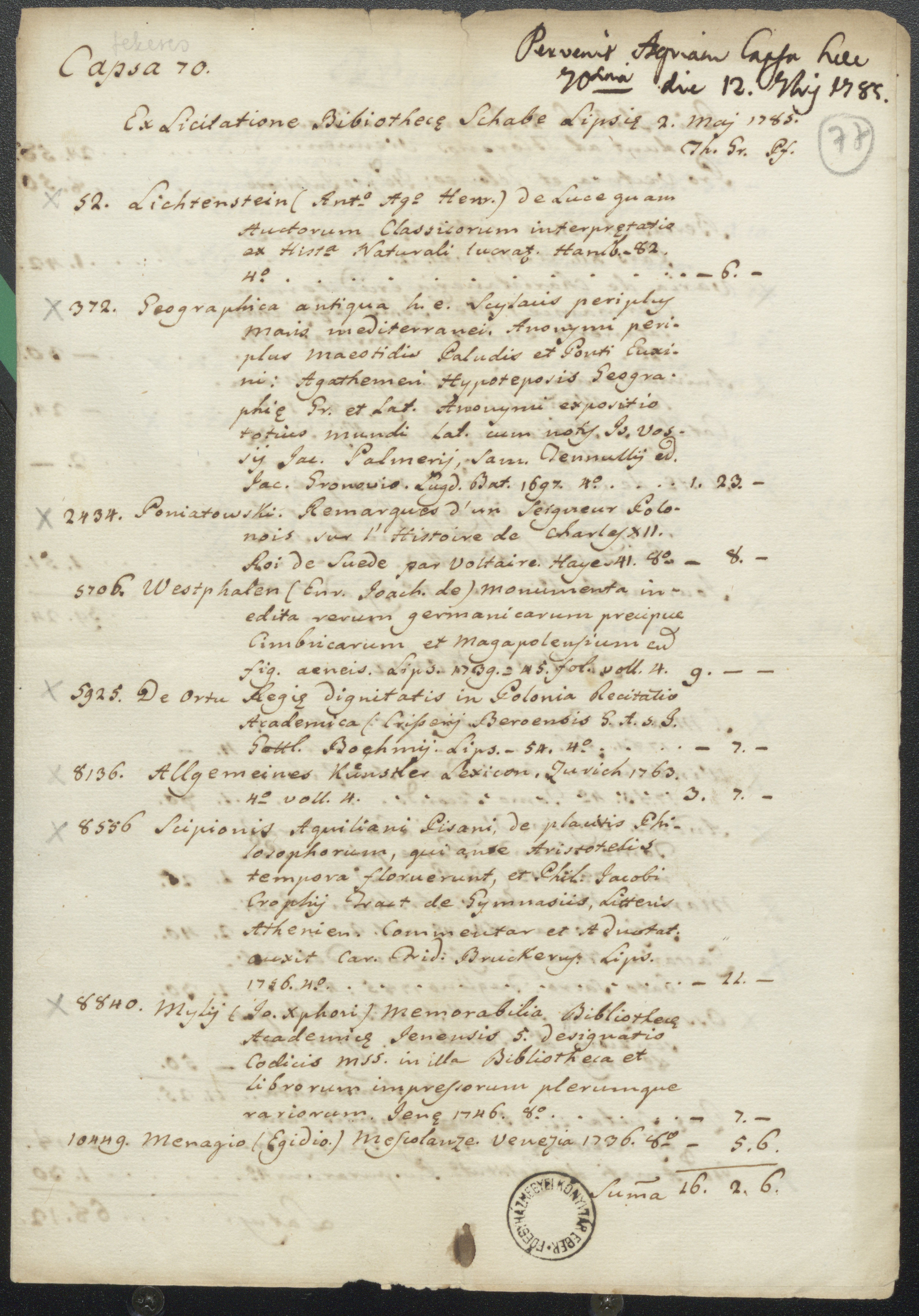 A Bécsből, Rómából és Velencéből Egerbe 1785. szeptember 12-én érkezett könyvek listája