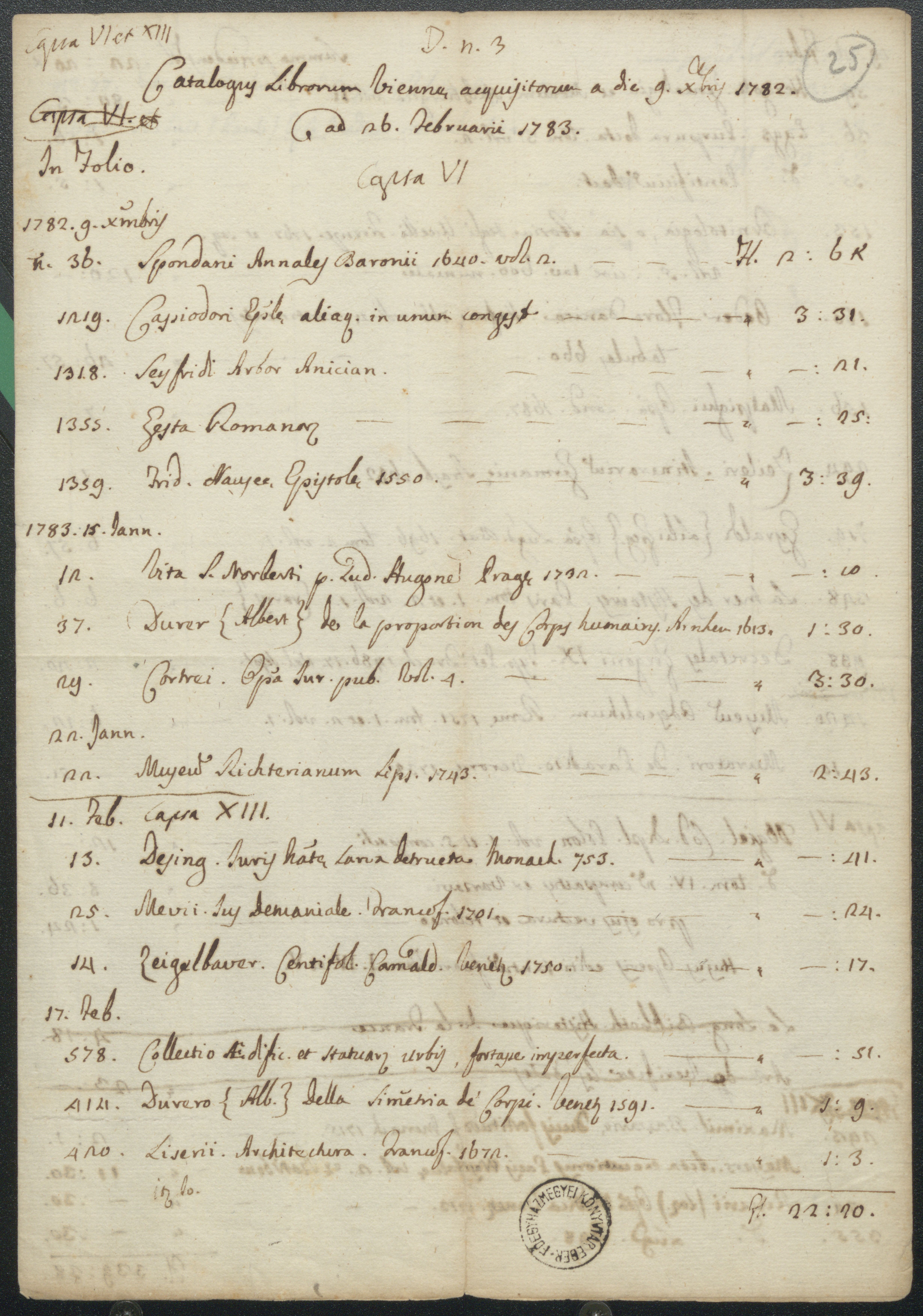 A Bécsben 1782. december 9. és 1783. február 26. között tartott könyvaukciókon vett könyvek jegyzéke. [1.]