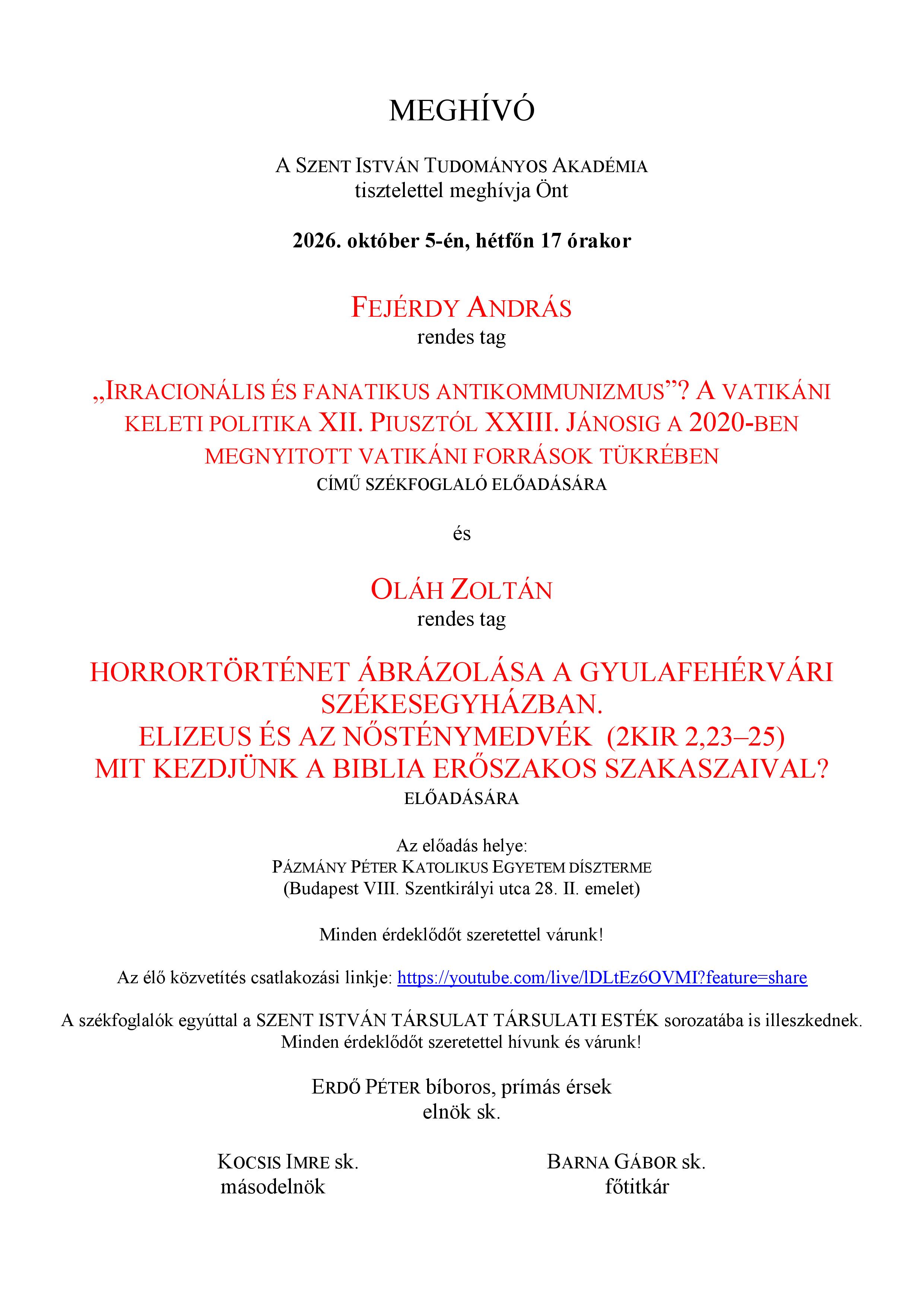 Meghivo Fejerdy Andras szekfoglalo es Olah Zoltan eloadasara 2026 oktober 5 page 001