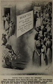 Társadalmi felelősségvállalásra felszólító könyvillusztráció 1911-ből. Forrás: : Roe, Clifford Griffith – Steadwell, B. S.: The Great War on White Slavery; or, Fighting for the Protection of Our Girls. [S. l.], [s. n.], 1911. 48.