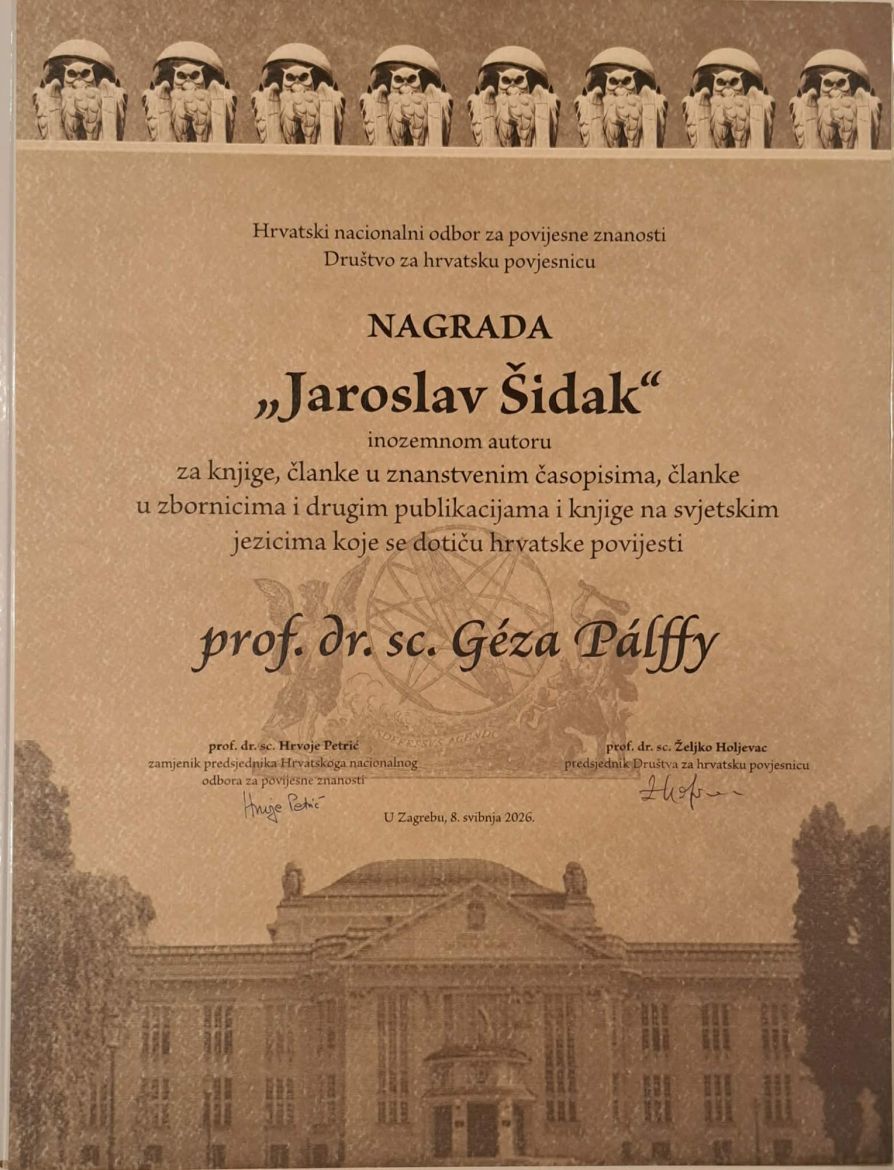 A Jaroslav Šidak-díj oklevele